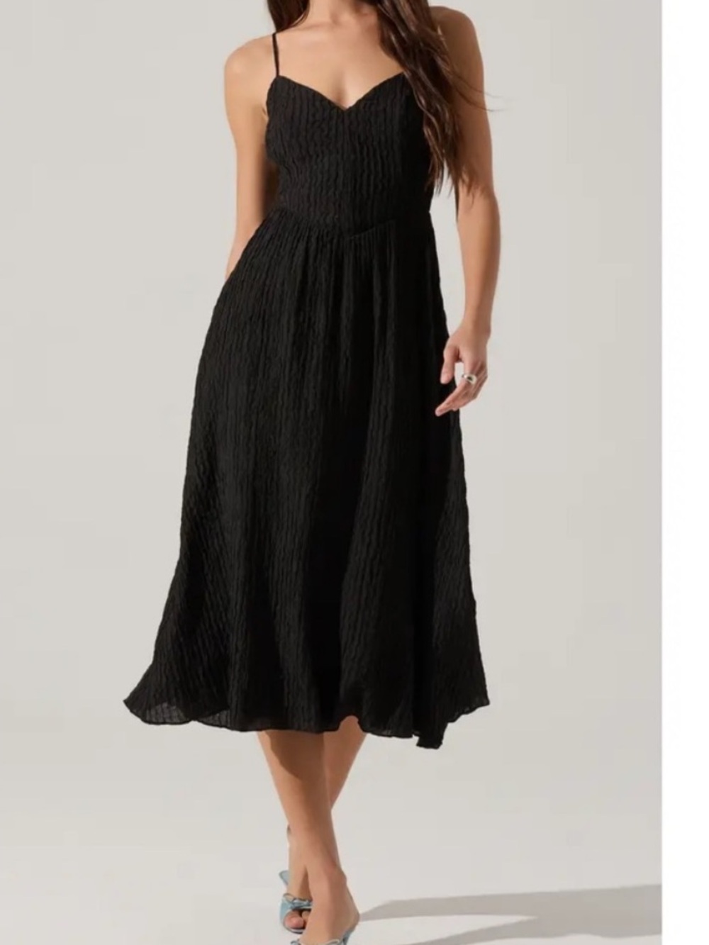 Astr Black Textured Midi Slip Dress with Spaghetti Straps